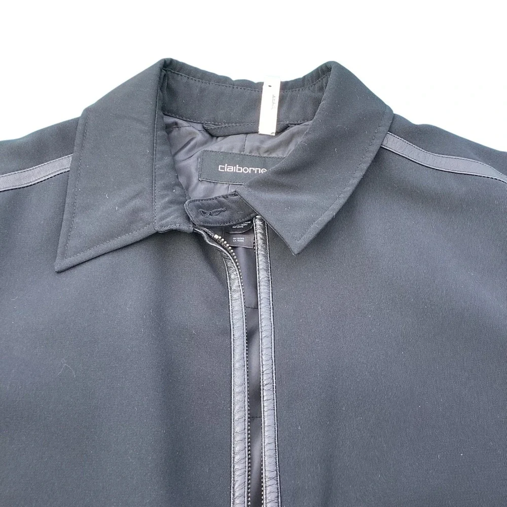 Claiborne Mens Full Zip Quilted Lined Jacket Black Faux Leather Trim Lrg *as is